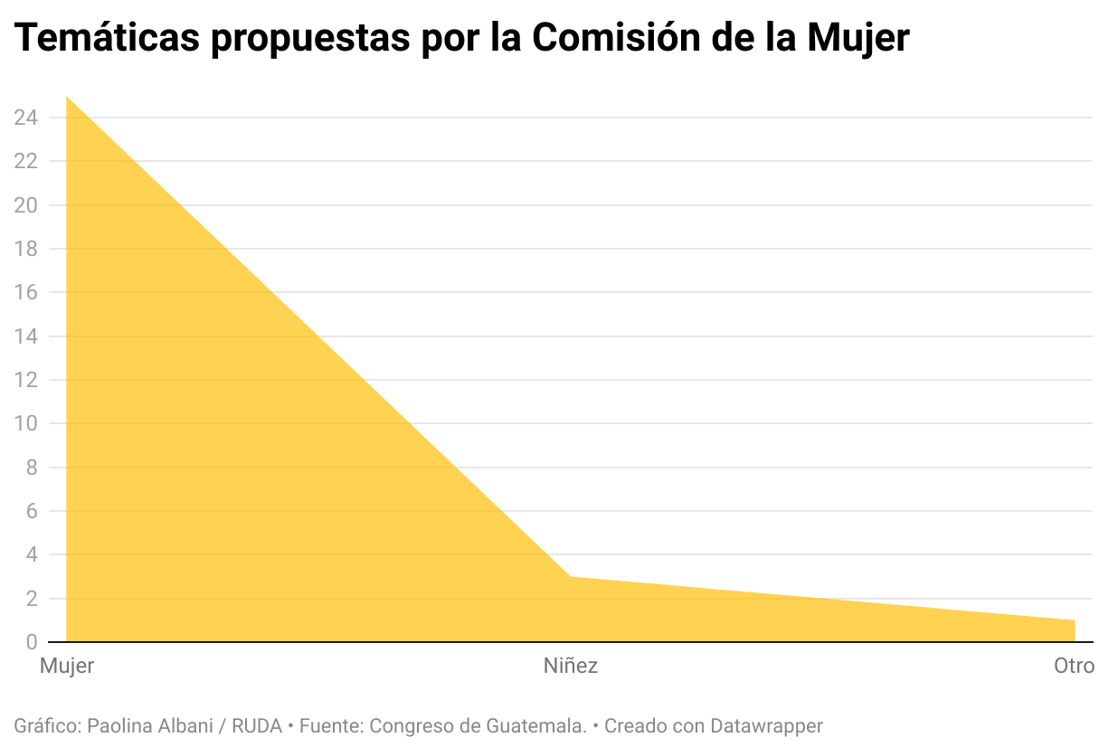  De un total de 29 iniciativas propuestas entre 2004 y 2021 por la Comisión de la Mujer, 25 son de mujer y 3 de niñez y adolescencia. 